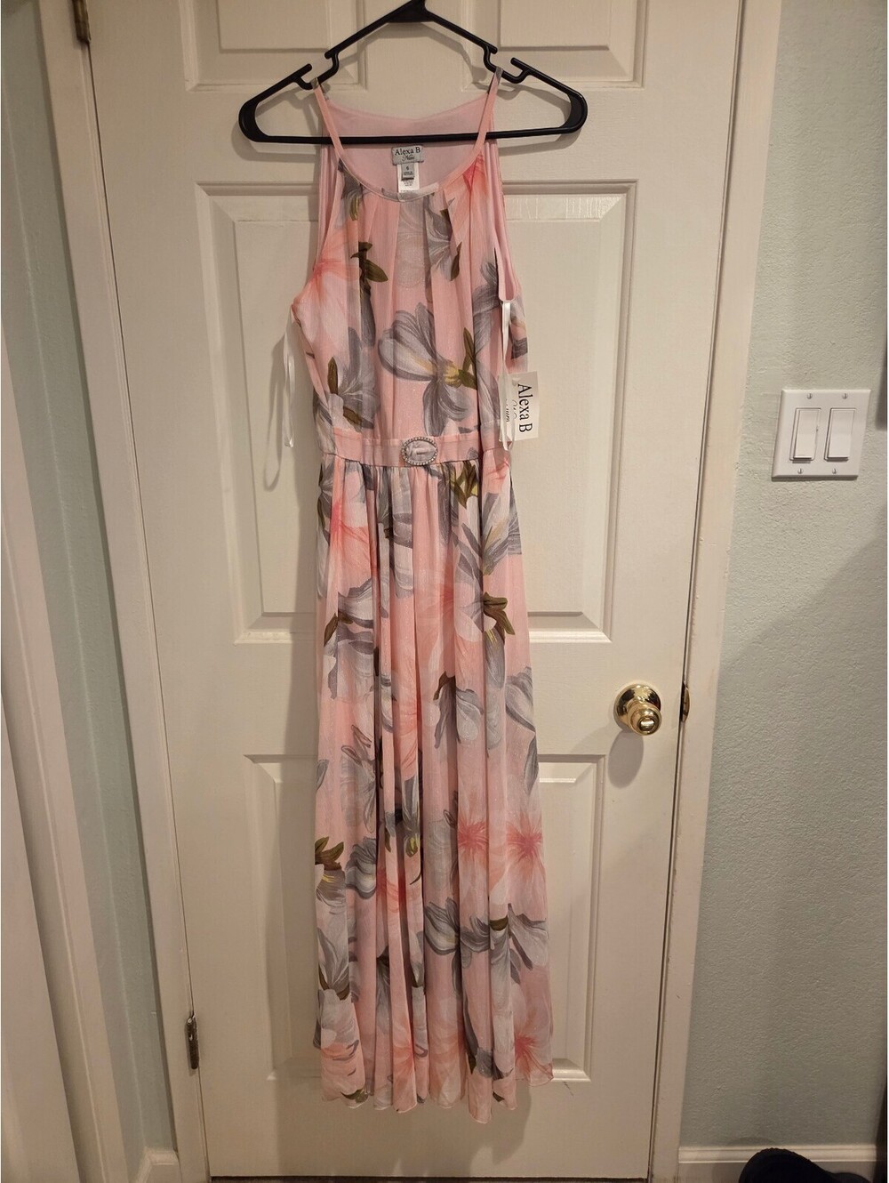 nwt Alexa B Nites Floral Maxi Dress Size 6 Pink with Belt
